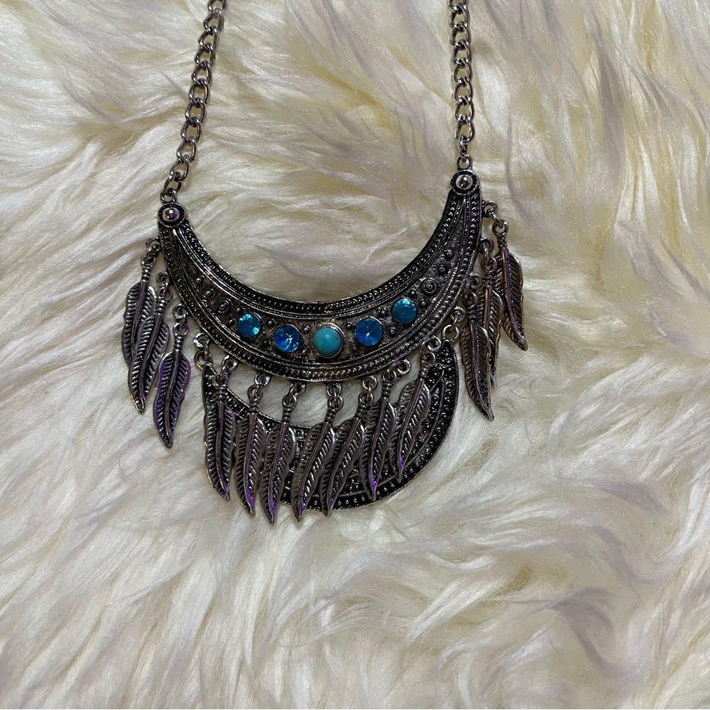 Silver and Blue Feather Necklace
